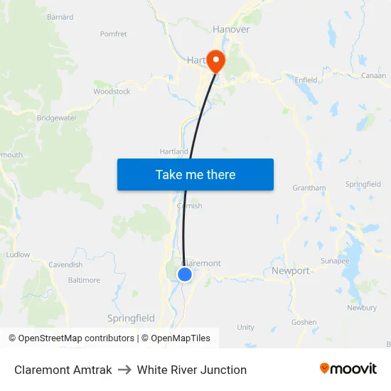 Claremont Amtrak to White River Junction map