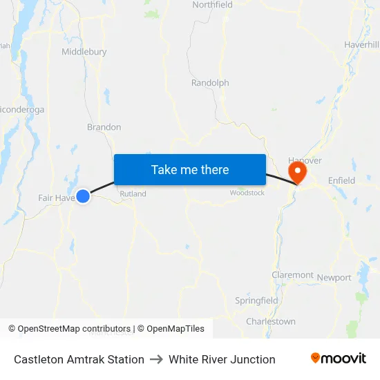 Castleton Amtrak Station to White River Junction map