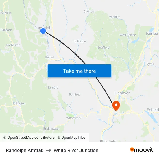 Randolph Amtrak to White River Junction map