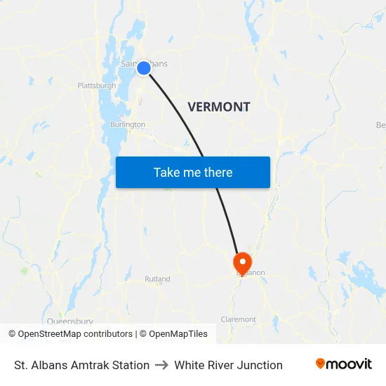 St. Albans Amtrak Station to White River Junction map