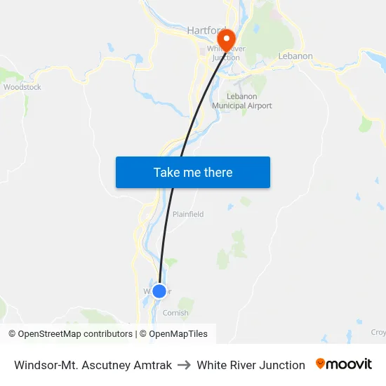Windsor-Mt. Ascutney Amtrak to White River Junction map