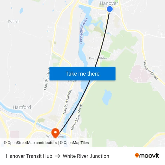 Hanover Transit Hub to White River Junction map