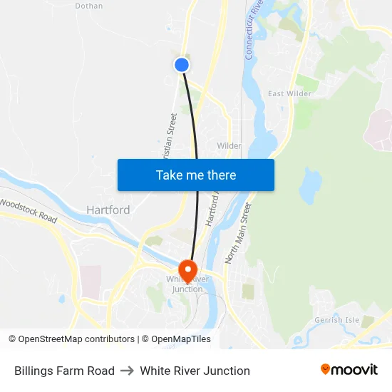 Billings Farm Road to White River Junction map