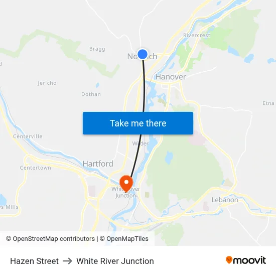 Hazen Street to White River Junction map