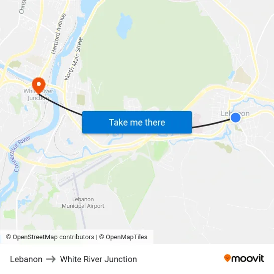 Lebanon to White River Junction map