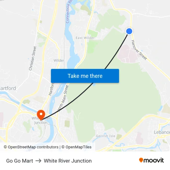 Go Go Mart to White River Junction map
