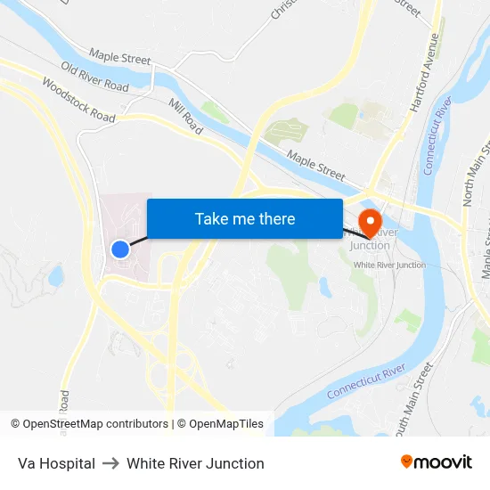 Va Hospital to White River Junction map
