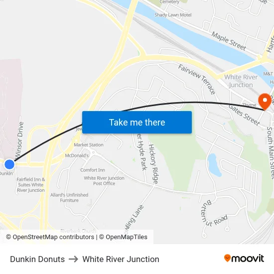Dunkin Donuts to White River Junction map