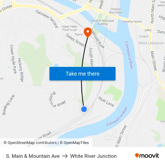 S. Main & Mountain Ave to White River Junction map