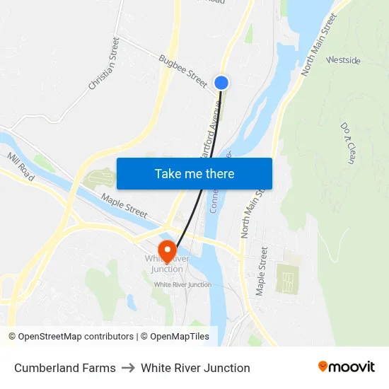 Cumberland Farms to White River Junction map