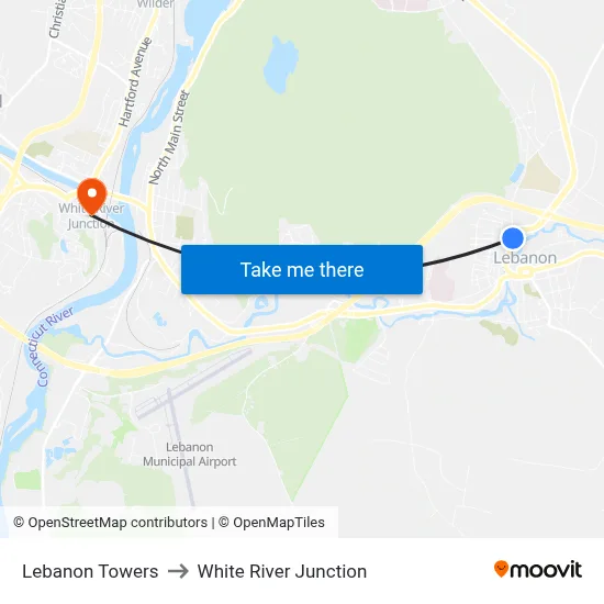 Lebanon Towers to White River Junction map