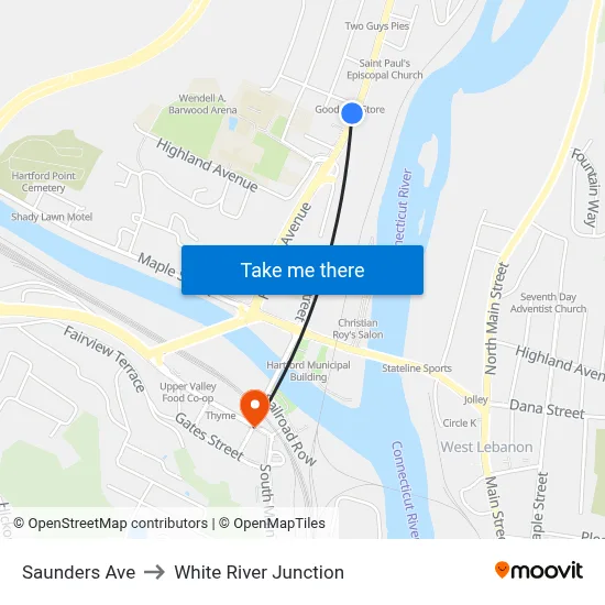 Saunders Ave to White River Junction map