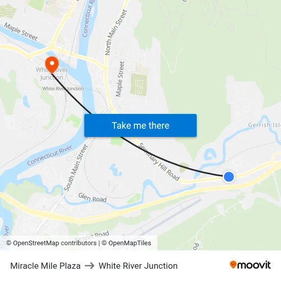 Miracle Mile Plaza to White River Junction map
