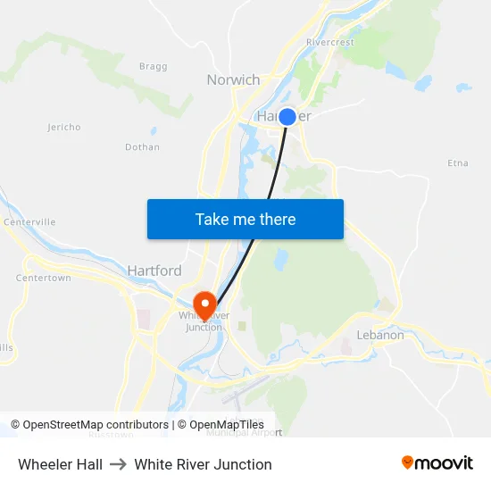 Wheeler Hall to White River Junction map