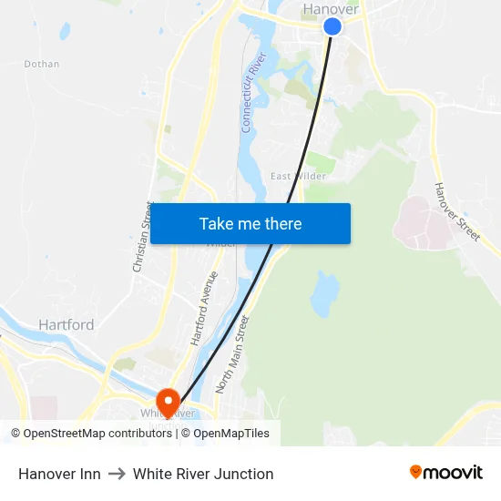 Hanover Inn to White River Junction map