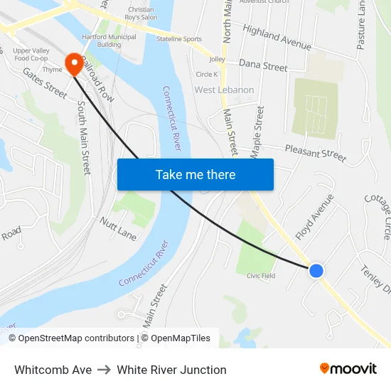 Whitcomb Ave to White River Junction map