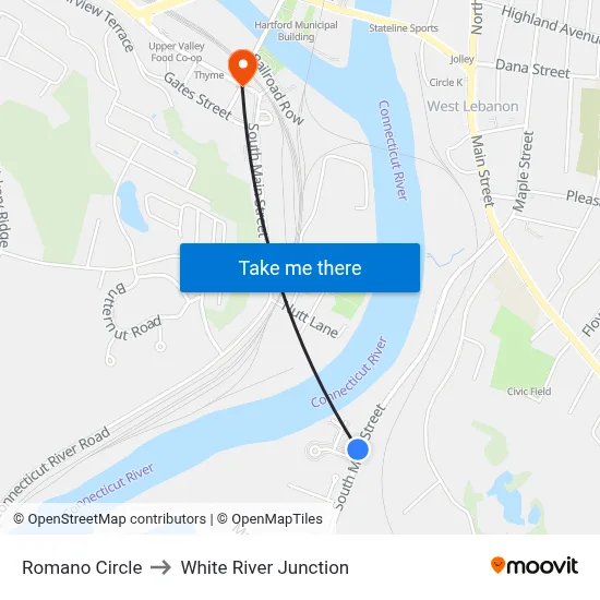 Romano Circle to White River Junction map