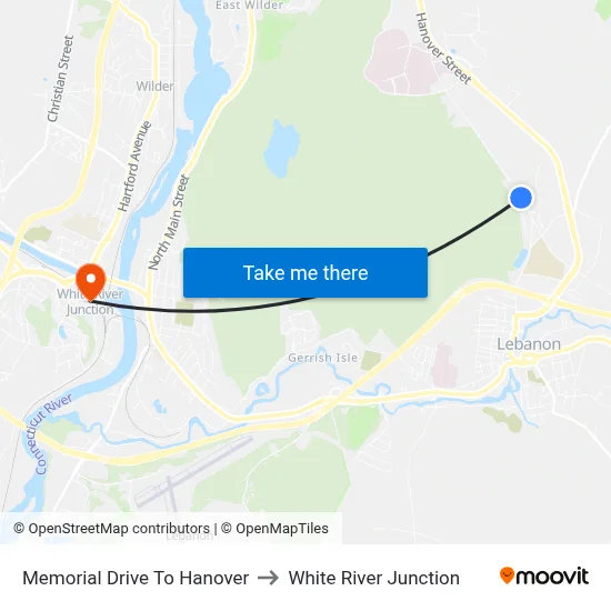 Memorial Drive To Hanover to White River Junction map