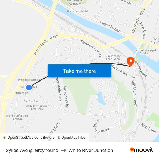 Sykes Ave @ Greyhound to White River Junction map