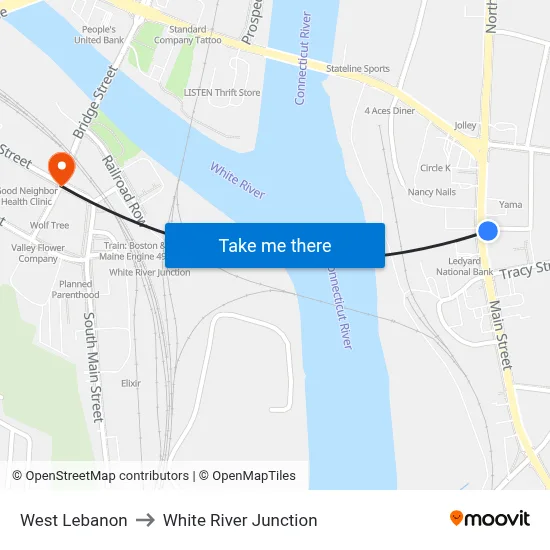 West Lebanon to White River Junction map