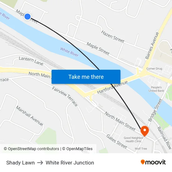Shady Lawn to White River Junction map