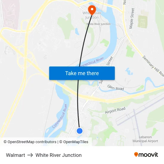 Walmart to White River Junction map