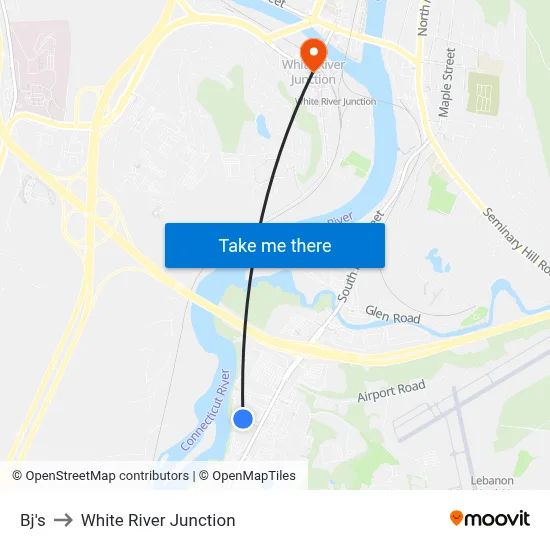 Bj's to White River Junction map