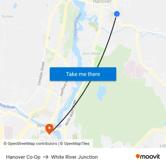 Hanover Co-Op to White River Junction map