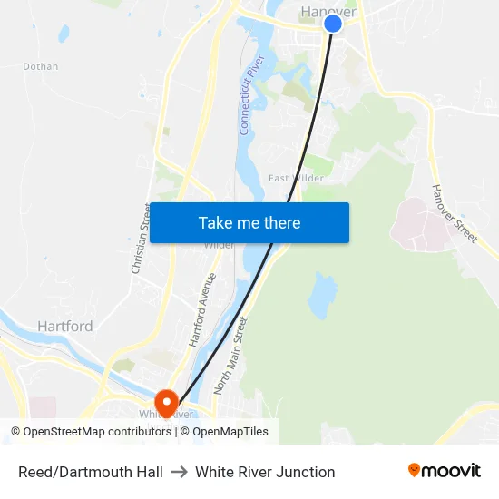 Reed/Dartmouth Hall to White River Junction map