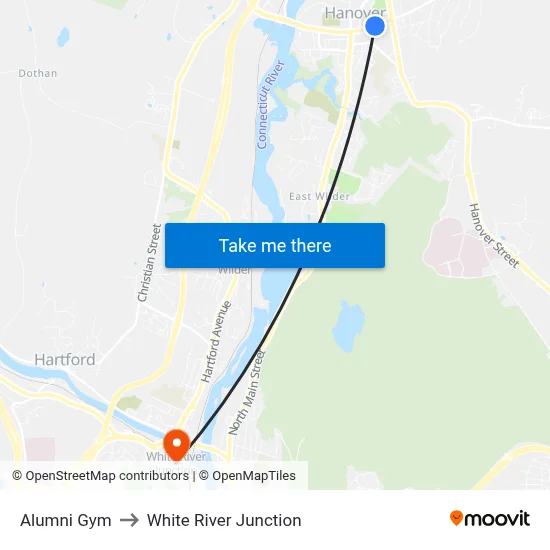 Alumni Gym to White River Junction map