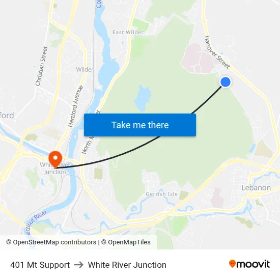 401 Mt Support to White River Junction map