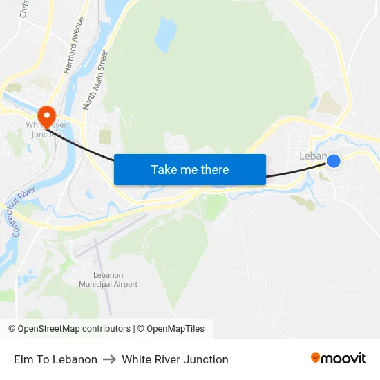 Elm To Lebanon to White River Junction map