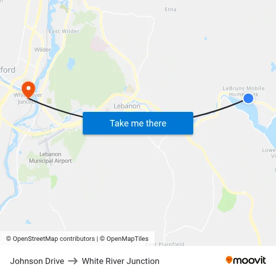 Johnson Drive to White River Junction map
