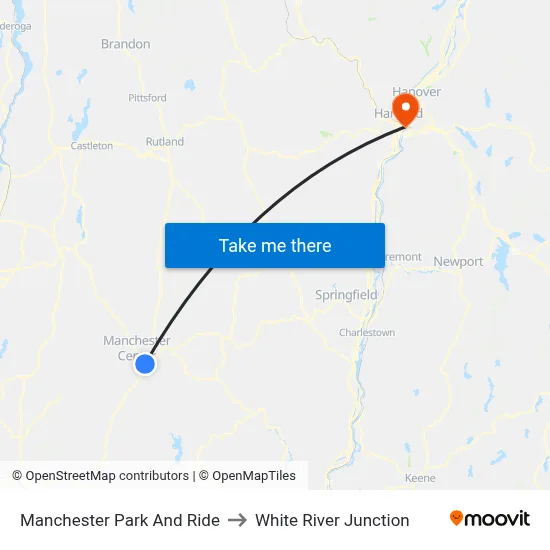Manchester Park And Ride to White River Junction map