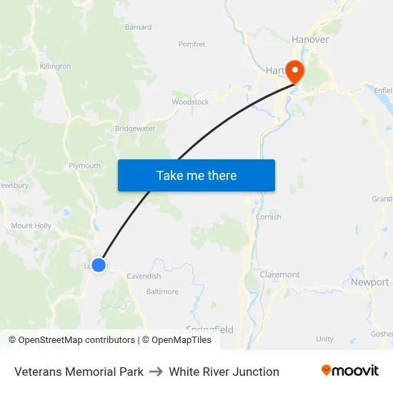 Veterans Memorial Park to White River Junction map
