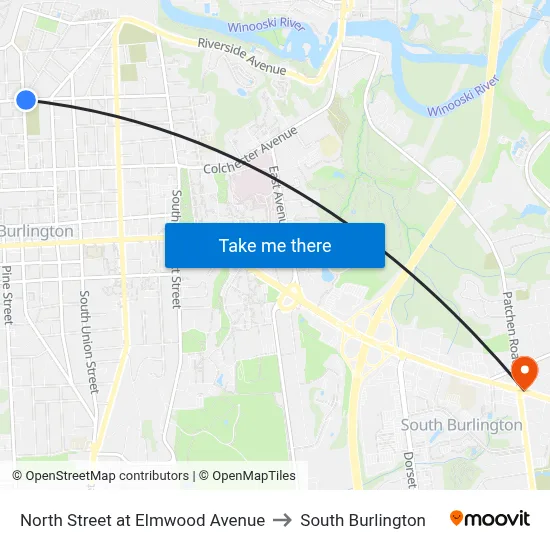 North Street at Elmwood Avenue to South Burlington map