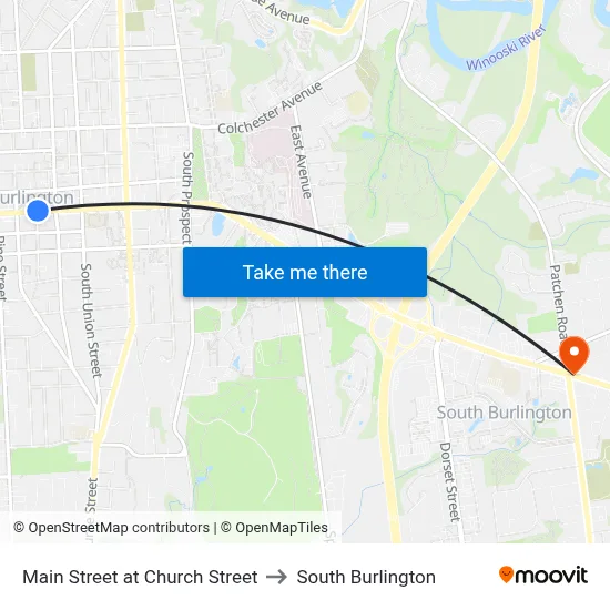 Main Street at Church Street to South Burlington map