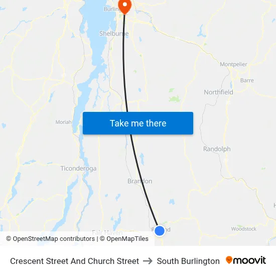 Crescent Street And Church Street to South Burlington map