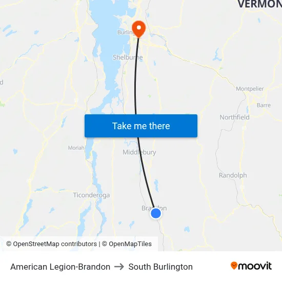 American Legion-Brandon to South Burlington map