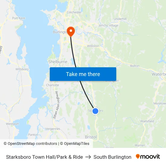 Starksboro Town Hall/Park & Ride to South Burlington map
