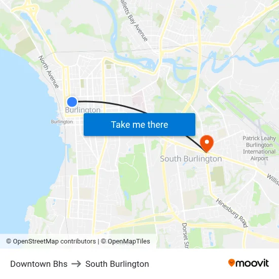 Downtown Bhs to South Burlington map