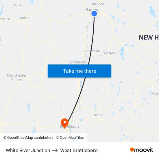 White River Junction to West Brattleboro map