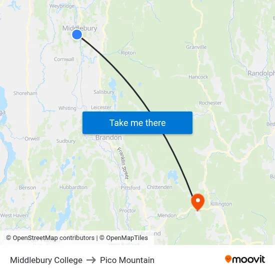 Middlebury College to Pico Mountain map