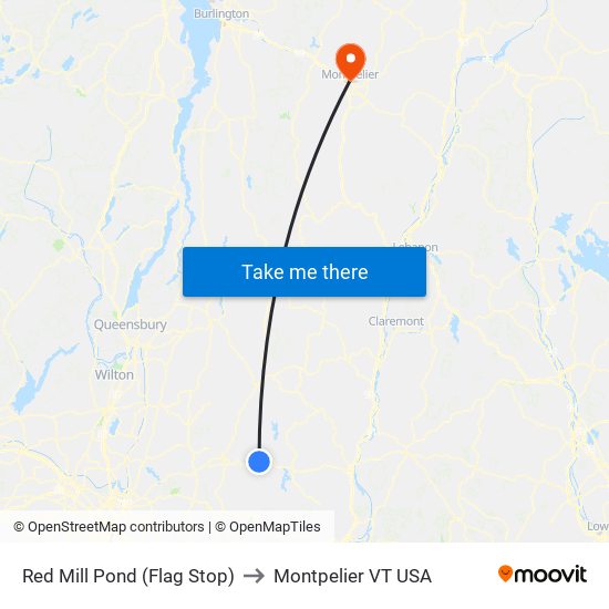 Red Mill Pond (Flag Stop) to Montpelier VT USA map