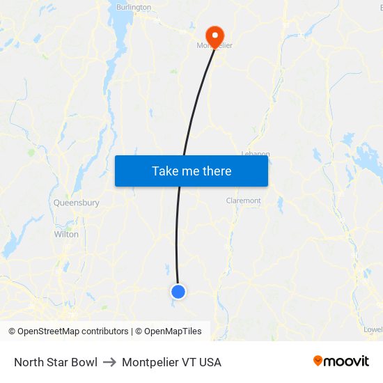 North Star Bowl to Montpelier VT USA map