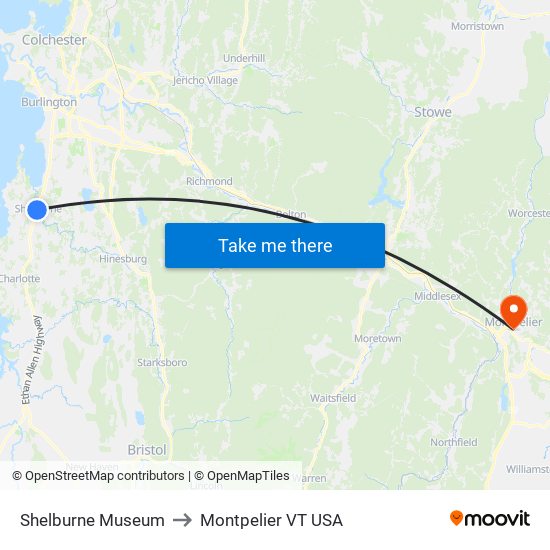 Shelburne Museum to Montpelier VT USA map