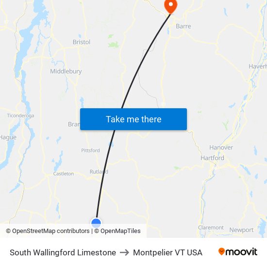 South Wallingford Limestone to Montpelier VT USA map