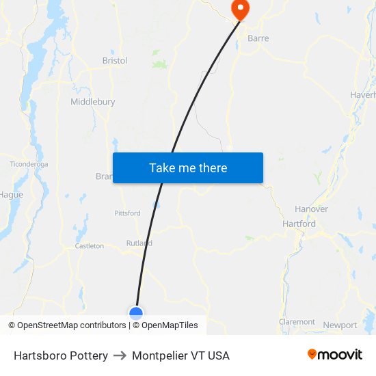 Hartsboro Pottery to Montpelier VT USA map