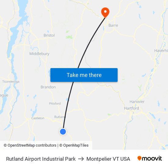 Rutland Airport Industrial Park to Montpelier VT USA map