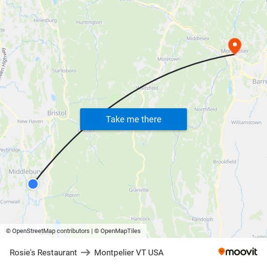 Rosie's Restaurant to Montpelier VT USA map